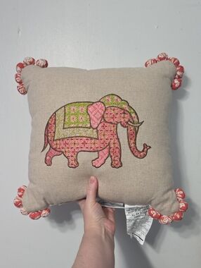 Jessica Simpson Beige Pillow with Pink & Green Embroidered Elephant